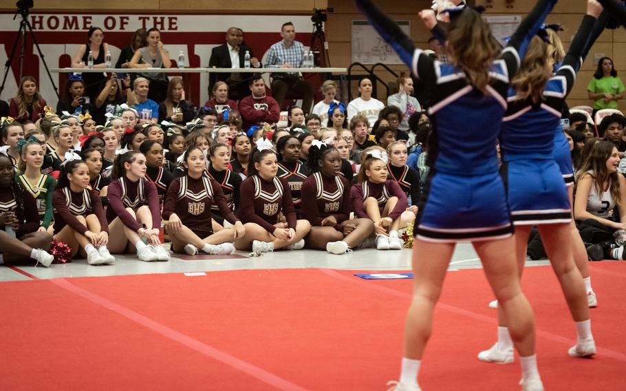 Brussels cheerleaders compete in front of judges and other cheer teams at the 2023 DODEA-Europe Cheerleading Championships at Kaiserslautern High School on Friday, Feb. 18.