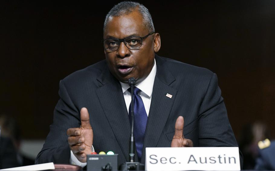 Defense Secretary Lloyd Austin speaks during a Senate Armed Services Committee hearing Tuesday, Sept. 28, 2021, on Capitol Hill in Washington.