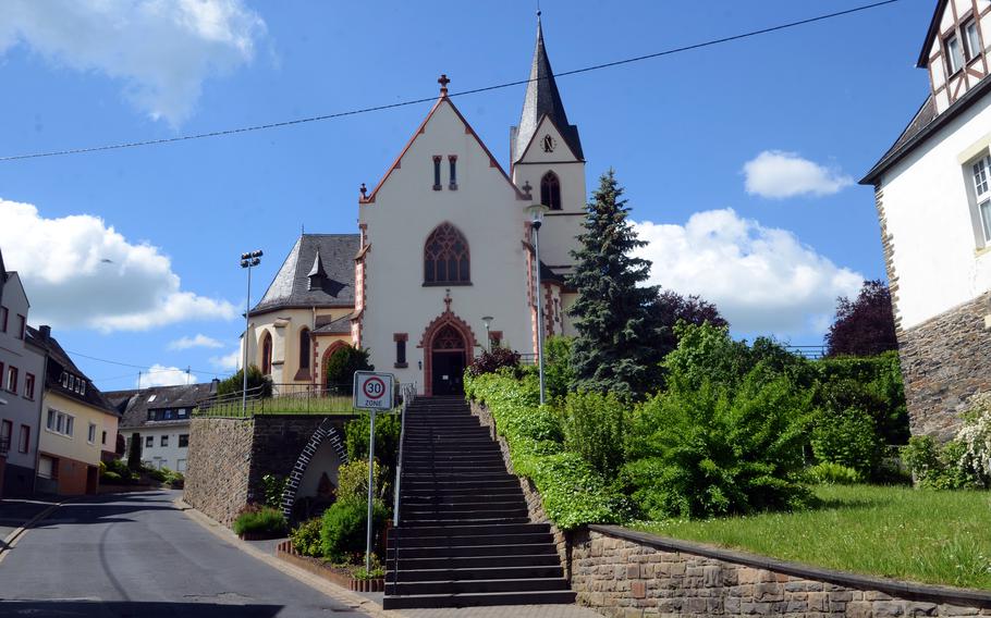 An 18th century church in the town of Bad Salzig, Germany, June 5, 2021. The RheinBurgenWeg, or Rhine Castles Trail, can be picked up in the town on the left side of the storied river.