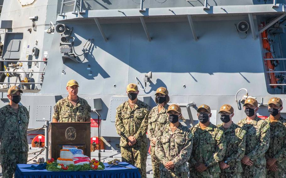 Rear Adm. Brendan McLane, commander of Naval Surface Force Atlantic, introduces the Task Group Greyhound Initiative aboard the USS Thomas Hudner at Naval Station Mayport.