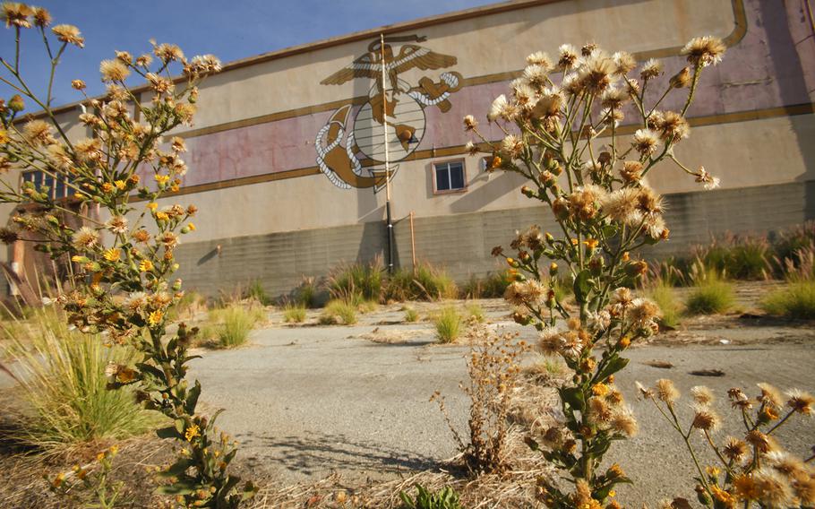 Weeds grow at the old El Toro Marine Base in Irvine in 2012. The eagle, globe and anchor insignia of the Marine Corps are still visible on some of the buildings. 