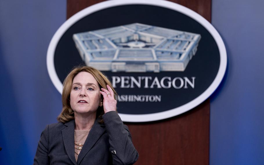 Deputy Defense Secretary Kathleen Hicks speaks during a briefing at the Pentagon on Wednesday, Sept. 22, 2021, to announce the Defense Department will act upon the 90-day commission recommendations on sexual assault and harassment in the military. 