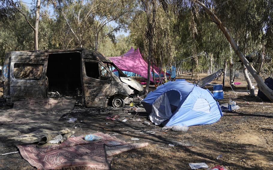 The site of a music festival near the border with the Gaza Strip in southern Israel, on Thursday, Oct. 12, 2023. Israeli officials say victim testimony and evidence gathered by rights groups indicate that Hamas militants carried out widespread sexual and gender-based crimes during their Oct. 7 attack in southern Israel.