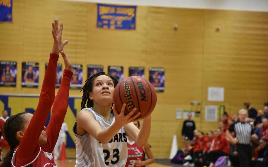 Vicenza’s Trishauna Lewis puts up a shot in the Wildcats’ victory over Aviano at the DODEA European Division II Basketball Championships on Wednesday, Feb. 14, 2024, in Wiesbaden, Germany.
