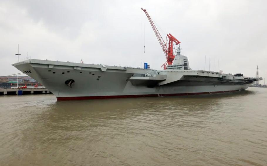 The Chinese aircraft carrier Fujian is pictured on April 30, 2024, in this image by the state-run Xinhua News Agency.