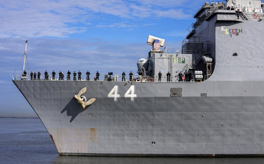 The dock landing ship USS Gunston Hall departed Naval Station Norfolk, Va., Jan. 24, 2024, as part of the NATO exercise Steadfast Defender. Officials say the exercise will demonstrate the alliance’s ability to deploy forces rapidly to defend Europe.