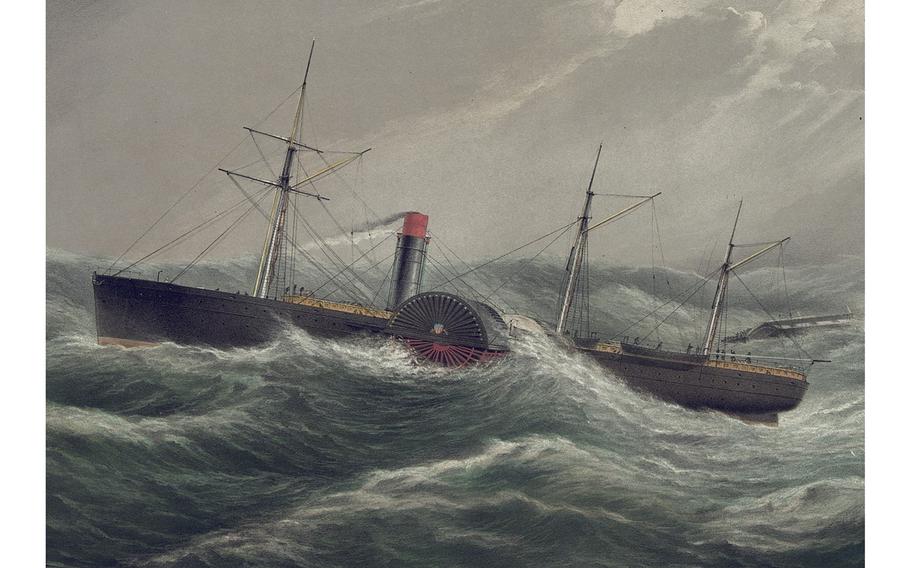 Details from an 1853 lithograph depict the U.S. Mail Steam Ship Pacific, which sank in 1875 in the Pacific Ocean roughly 20 miles off the coast of Washington.