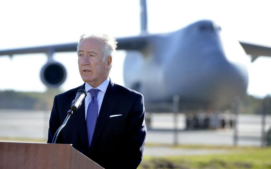 Congressman Richard Neal speaks during a groundbreaking ceremony for a new Regional ISO Maintenance Hangar at Westover Air Reserve Base in Chicopee.
