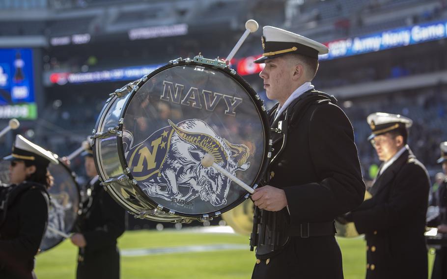 Navy's drum team performs at Philadelphia's Lincoln Financial Field on Saturday, Dec. 10, 2022, prior to the start of the annual Army-Navy football game, which Army went on to win 20-17 in double overtime.