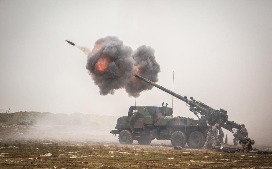 A French Caesar self-propelled howitzer fires into the Middle Euphrates River Valley in Southwest Asia, in December 2018. 