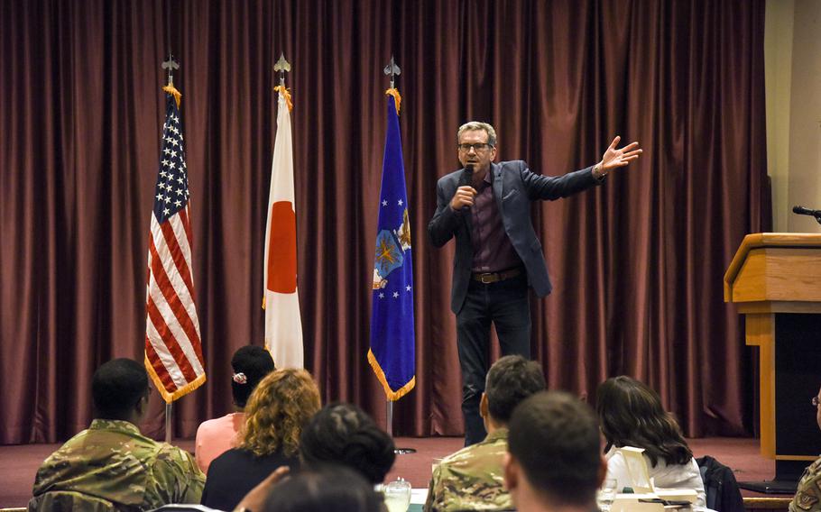 David Nathan Weiss, whose writing credits include “The Rugrats Movie,” “All Dogs Go to Heaven” and “Shrek 2,” speaks during the National Prayer Luncheon at Yokota Air Base, Japan, Thursday, March 23, 2023.
