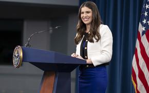 Pentagon Press Secretary Kingsley Wilson conducts a mock press briefing for Bring Your Child to Work Day at the Pentagon, Washington, D.C., April 24, 2025. (DoD photo by U.S. Air Force Senior Airman Madelyn Keech)
