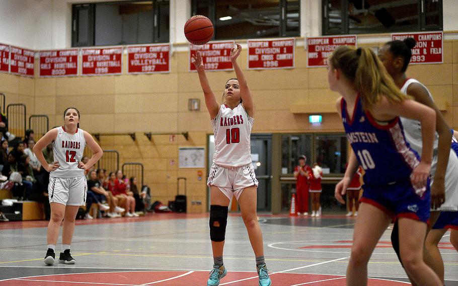 Raider Marisa Branch shoots from the free-throw line during a Dec. 14, 2023, game against Ramstein at Kaiserslautern High School in Kaiserslautern, Germany.