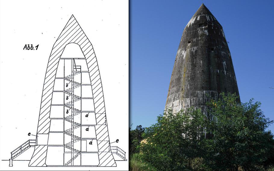 A historical construction sketch shows the internal structure of a Spitzbunker, paired with a current photo of a similar bunker on Pariser Strasse in Kaiserslautern. 