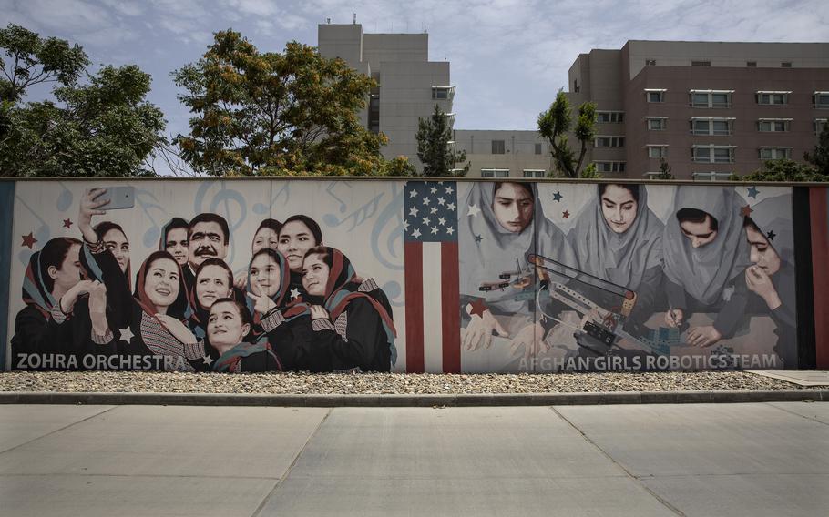 Murals are seen along the walls at a quiet US embassy on July 30, 2021 in Kabul, Afghanistan. 