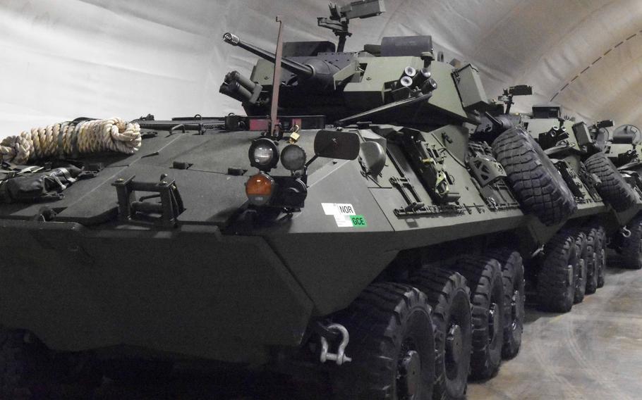 Marine LAV-25s stored inside of one of the Marine Corps Pre-Positioning Norway caves in the Trondelag region of northern Norway,in 2018. 