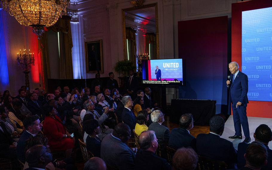 President Joe Biden addresses United We Stand summit participants at the White House. 
