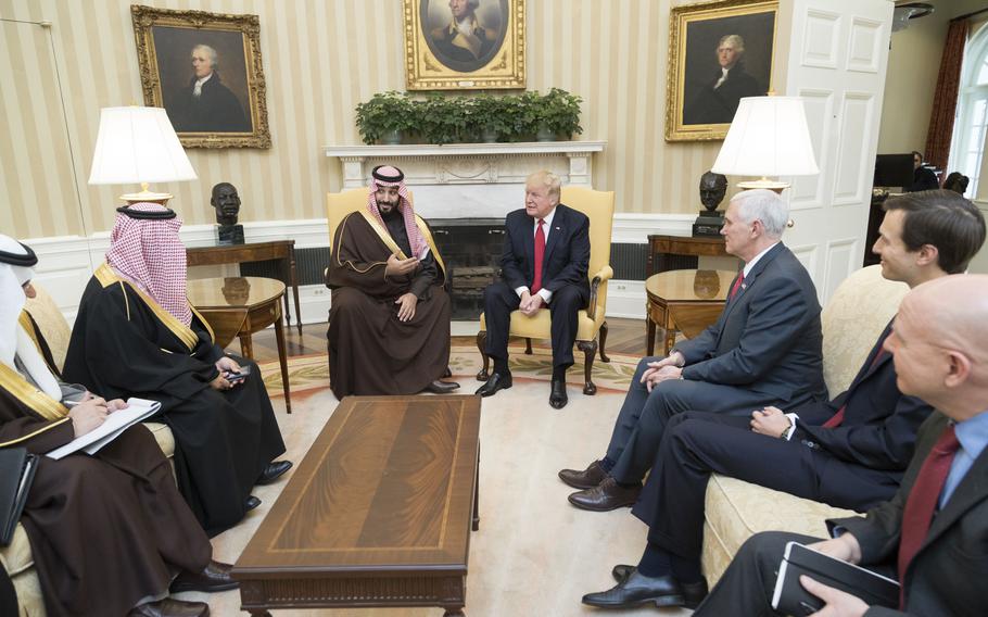 President Donald Trump meets with Mohammed bin Salman, Deputy Crown Prince of Saudi Arabia, and members of his delegation, March 14, 2017, in the Oval Office of the White House in Washington, D.C. 