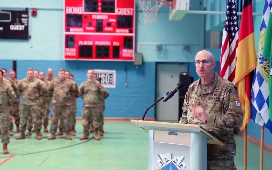 Maj. Gen. Robert Burke, V Corps deputy commanding general for support, speaks at the corps uncasing of the colors ceremony  in Ansbach, Germany, April 5, 2022. 