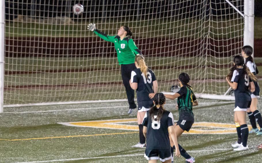 Zama goalkeeper Keisha Steele-Loli can't quite reach the shot by Robert D. Edgren's A'mya Ross during Friday's DODEA-Japan girls soccer match. Ross scored both Eagles goals in a 2-0 win.