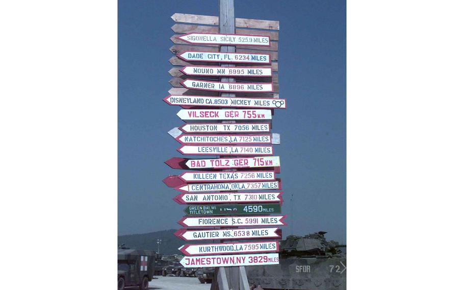 Along with road signs such as Dinosaur Road and Dino Drive are also signs of home. In the center of the camp is a road sign showing how far and the way home for some of the troops at Camp Bedrock.