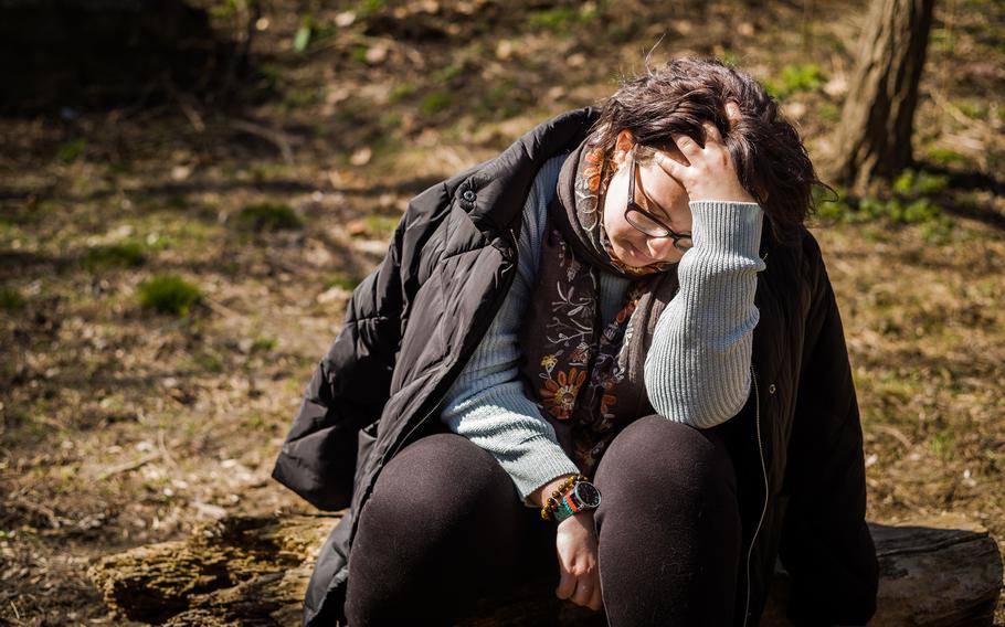 Mariia Rodionova, a survivor from the bombing in the Mariupol Theater, is seen in one of the parks of Zaporizhzhia, Ukraine, on March 24, 2022.