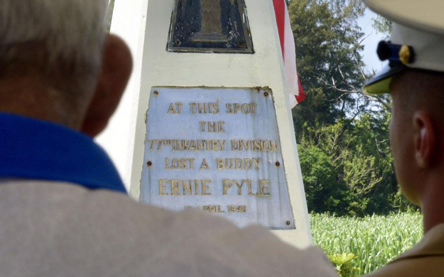 Famed war correspondent Ernie Pyle is honored during a ceremony Sunday, April 16, 2023, near the spot where he was killed during World War II on Ie Shima, Okinawa.