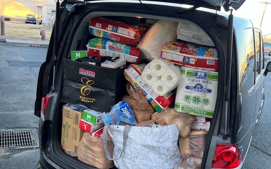 Donations for earthquake victims fill Chad Griffin's vehicle at Yokota Air Base, Japan, Jan. 15, 2024. Griffin is a civilian serving as the 374th Security Forces Squadron's reports and analysis section chief.