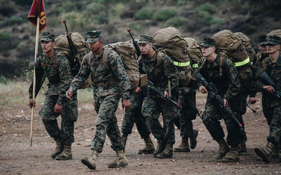 Marine Corps recruits with Lima Company, 3rd Recruit Training Battalion, complete the final hike of the Crucible at Camp Pendleton, Calif., April 22, 2021. Marine recruit Pfc. Dalton Beals, of Echo Company, died June 4 during the Crucible, a Parris Island Recruit Depot statement said. The cause of death is under investigation.

Alina Thackray/U.S. Marine Corps
