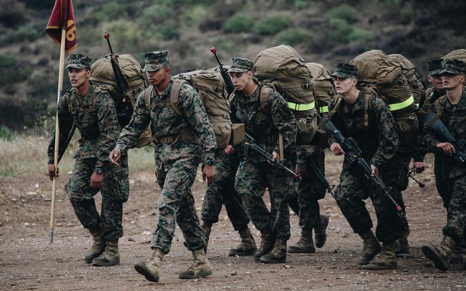 Marine Corps recruits with Lima Company, 3rd Recruit Training Battalion, complete the final hike of the Crucible at Camp Pendleton, Calif., April 22, 2021. Marine recruit Pfc. Dalton Beals, of Echo Company, died June 4 during the Crucible, a Parris Island Recruit Depot statement said. The cause of death is under investigation.