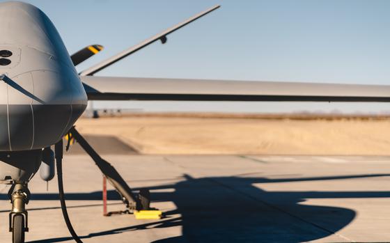 An MQ-9B drone is displayed at the U.S. Army Yuma Proving Grounds in Yuma, Ariz., in 2019. The U.S. gave Qatar the green light to buy eight of the drones and related equipment as part of a deal worth nearly $2 billion, the State Department said March 26, 2025.
