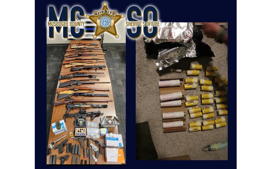 Muscogee County law enforcement seized some 33 explosive devices, 20 rifles, seven handguns and an inert mortar shell during an investigation into two Fort Moore, Ga., soldiers. Anabolic steroids worth about $3,100 were also recovered.