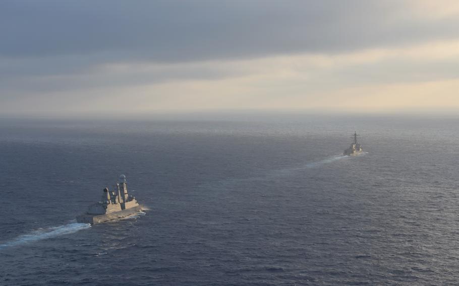 Italian Navy destroyer ITS Caio Duilio (D 554) sails with the guided-missile destroyer USS Bulkeley (DDG 84) during a passing exercise (PASSEX) in the Atlantic Ocean, May 21. Caio Duilio will exercise with the ships and aircraft of Carrier Strike Group (CSG) 10 during its upcoming Composite Training Unit Exercise (COMPTUEX).