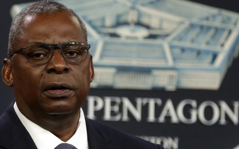 Secretary of Defense Lloyd Austin speaks at the Pentagon on Sept. 1, 2021, in Arlington, Virginia.