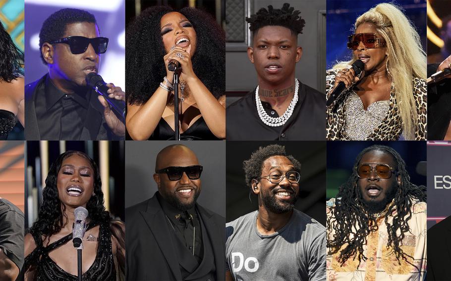 This combination of photos show music artists, top row from left, Ashanti, Babyface, Chloe Bailey, Yung Bleu, Mary J. Blige, and Lucky Daye, bottom row from left, Robert Glasper, Muni Long, Rico Love, PJ Morton, T-Pain and Tank. 