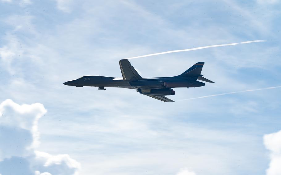 A U.S. Air Force B-1B Lancer assigned to the 37th Expeditionary Bomb Squadron, Ellsworth Air Force Base, South Dakota, takes off in support of a Bomber Task Force mission at Andersen Air Force Base, Guam, Nov. 17, 2022.