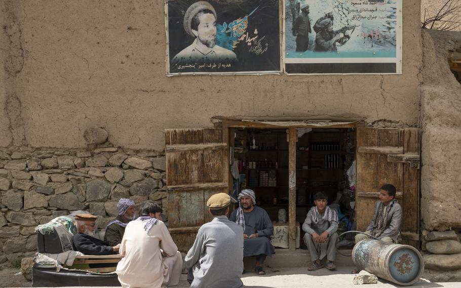 Residents in Panjshir province, Afghanistan, assemble under a poster of late anti-Taliban commander Ahmad Shah Massoud on April 27, 2021. Photos of Massoud are ubiquitous in the province. 

Phillip Walter Wellman/Stars and Stripes 