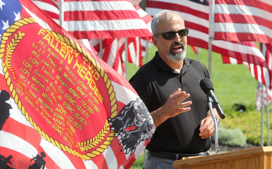 Retired Lt. Gen. Michael Dana makes remarks during a 10th anniversary memorial service for Marines Sgt. Daniel Patron in Perry Township on Saturday, Aug. 21, 2021. Patron died Aug. 6, 2011, while defusing a roadside bomb while serving in Afghanistan. 