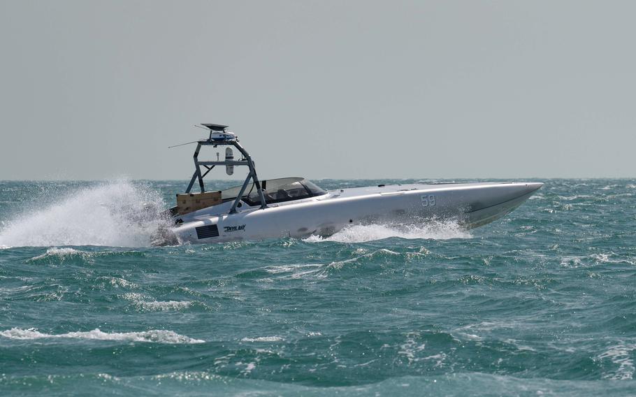 A MARTAC T-38 Devil Ray unmanned surface vehicle operates in the Arabian Gulf, Oct. 26, 2023. According to a military official, the U.S. Navy has changed the focus of its Middle East drone boat effort after not reaching its goal of assembling a fleet of 100 unmanned surface vessels.