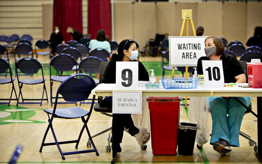 Nurses wait for patients at a vaccination clinic site in Utah, on June 2, 2021. Parts of Utah are experiencing dwindling demands for coronavirus vaccines. 