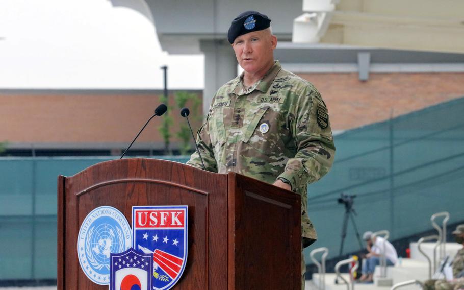 Gen. Paul LaCamera speaks after taking the reins of U.S. Forces Korea from Gen. Robert Abrams at Camp Humphreys, South Korea, Friday, July 2, 2021. 