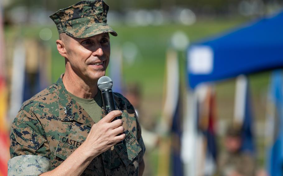 U.S. Marine Corps Maj. Gen. Robert F. Castellvi speaks during a change of command ceremony held at Marine Corps Base Camp Pendleton, California, Sept. 22, 2020.  Castellvi, who oversaw the ground combat unit that was involved in the deadly sinking of an amphibious assault vehicle last year, will not return to his position after Marine Commandant Gen. David Berger suspended him May 3 amid an investigation.