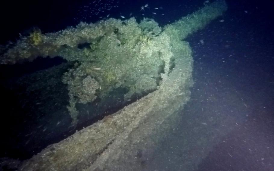 The wreck of a submarine in the Aegean Sea, photographed by a remotely piloted submersible. 