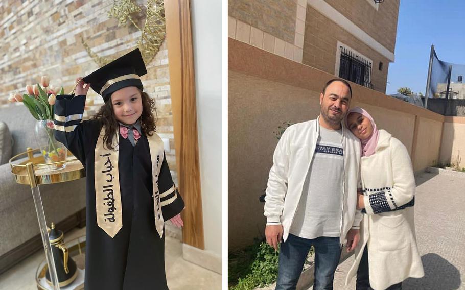At left, Hind Hamada, 6, celebrates her kindergarten graduation. At right, Bashar Hamada stands beside his daughter Layan, 13, in front of their home in Gaza City before the war began.