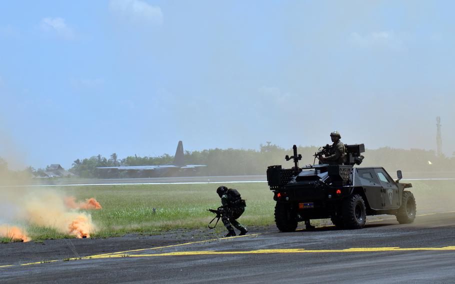 U.S. and Indonesian troops train during the Super Garuda Shield exercise in Palembang, Indonesia, Tuesday, Aug. 9, 2022. 