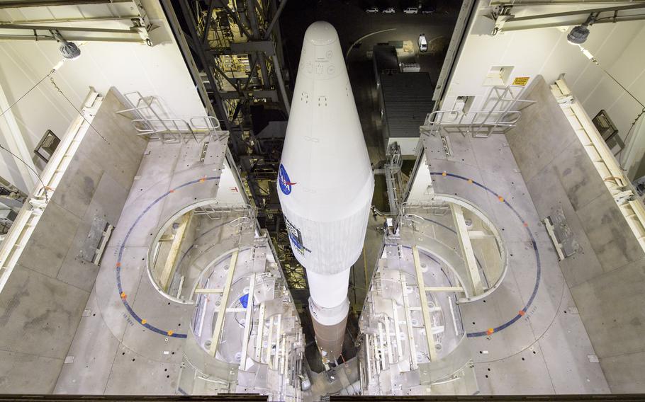 The United Launch Alliance Atlas V rocket with the Landsat 9 satellite onboard at Vandenberg Space Force Base, Calif., on Monday, Sept. 27, 2021. 