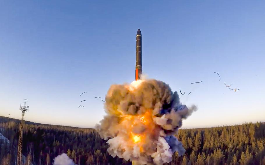 In this file photo taken from a video distributed by Russian Defense Ministry Press Service, on Dec. 9, 2020, a ground-based intercontinental ballistic missile was launched from the Plesetsk facility in northwestern Russia. Russia is planning massive drills of its strategic military forces that provide a stark reminder of the country’s nuclear might. The Russian Defense Ministry announced the war games on Friday amid Western fears that Moscow might be preparing to invade Ukraine.