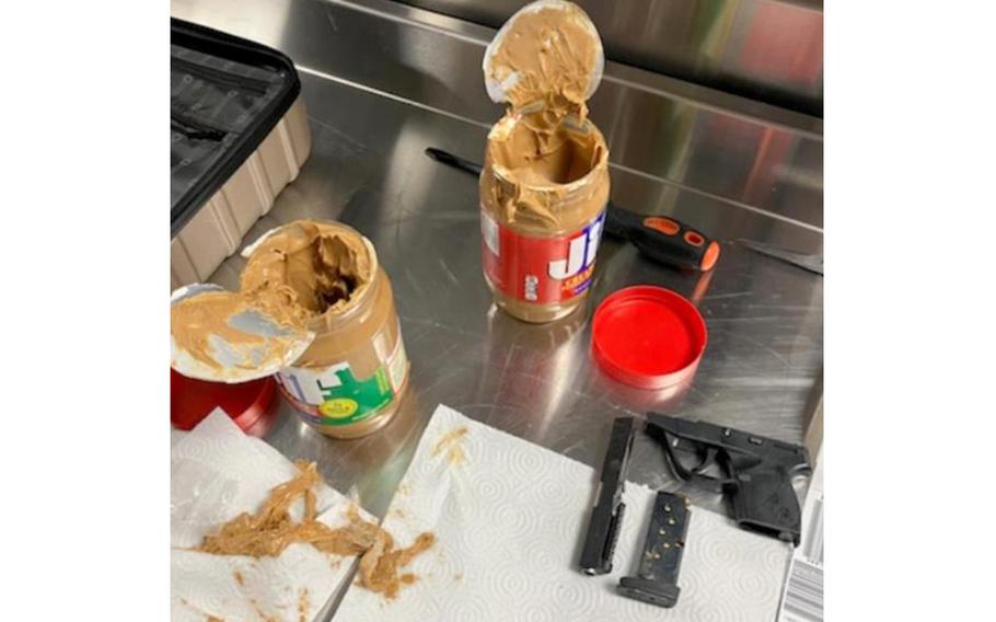 Gun parts hidden in peanut butter created a mess for Transportation Security Administration officers and the man whose luggage they were found in. 