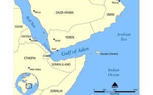 A map showing the location of the Gulf of Aden, located between Yemen and Somalia. A ship came under attack Friday off the coast of Yemen in unclear circumstances, a British military organization said.