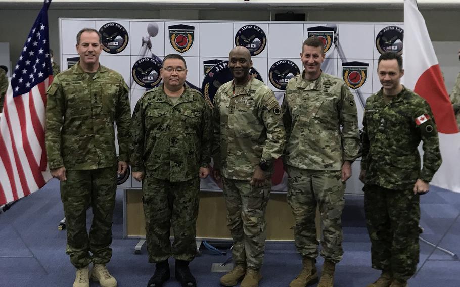 Military leaders gather for the start of the multinational Yama Sakura exercise at Camp Zama, Japan, Thursday, Dec. 2, 2021. From left: Col. Corey Shillabeer of the Australian Defence Force; Maj. Gen. Tatsuo Tarumi of the Japan Ground Self-Defense Force; Lt. Gen. Xavier Brunson, I Corps commanding general; Maj. Gen. Joel Vowell, commander of U.S. Army Japan; and Brig. Gen. Cayle Oberwarth, I Corps deputy commanding general for operations.